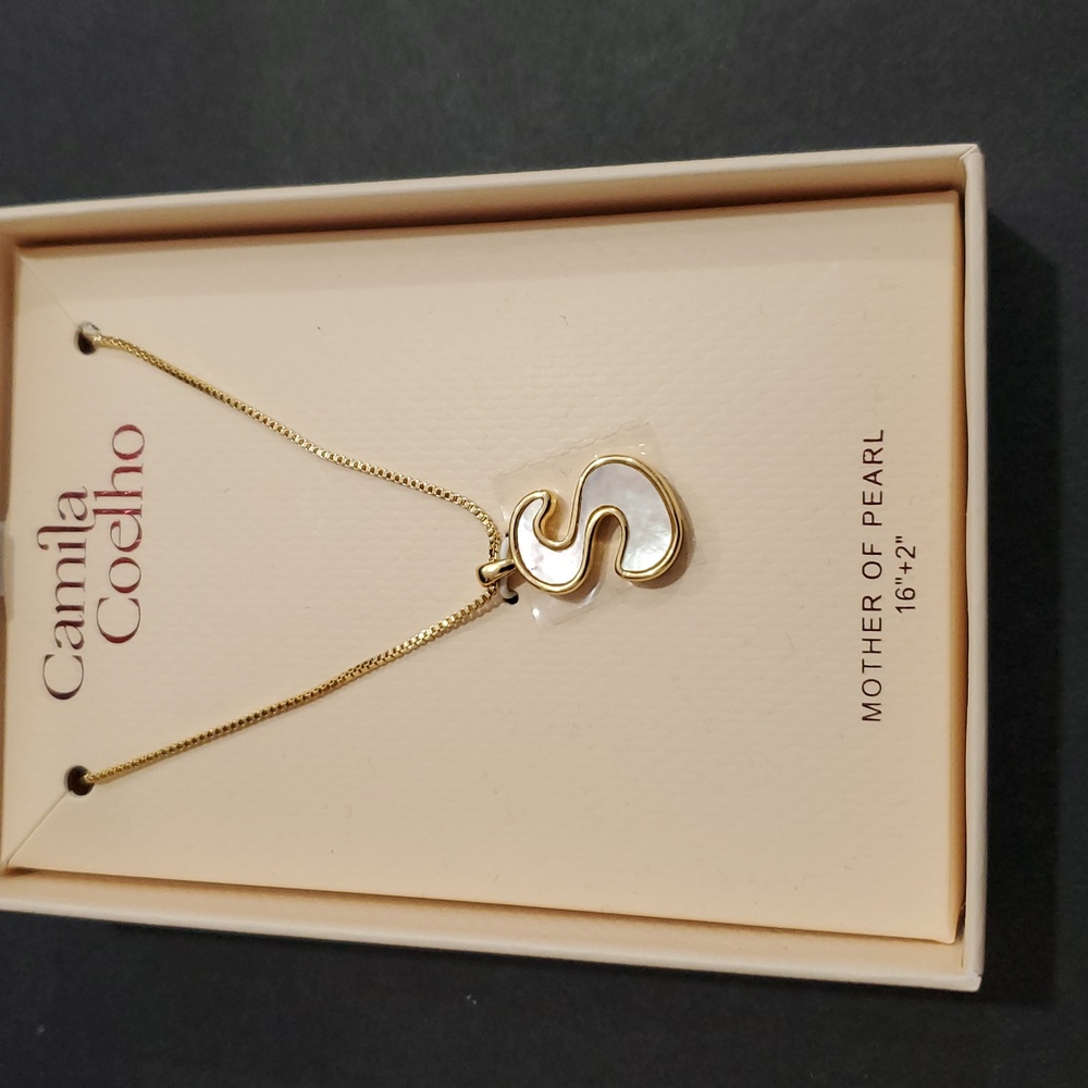 Camila Coelho S initial mother of pearl 16" gold‎ plated necklace brand new